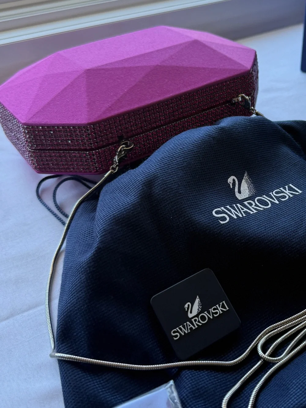 Brand New Swarovski Gala Fuchsia Satin Bag - with Original Box Set